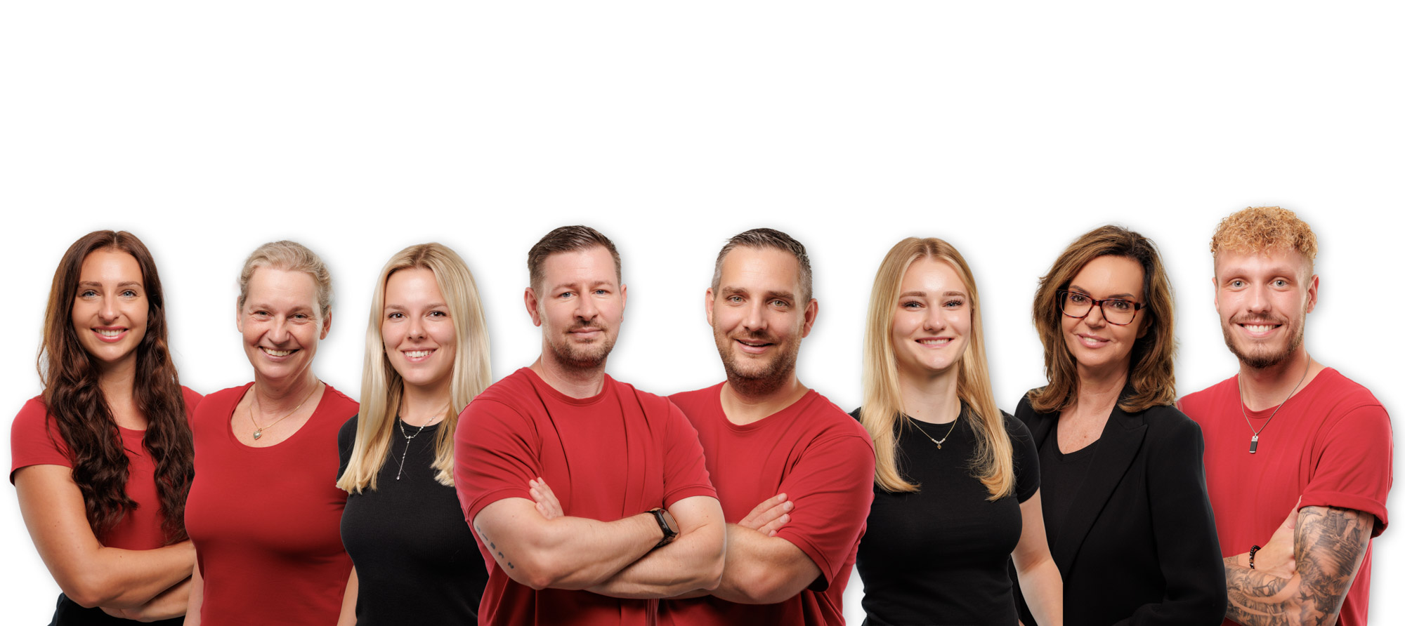 Gruppenfoto eines Physiotherapie-Teams aus Einzelporträts zusammengesetzt, in mehreren Hintergrundvarianten